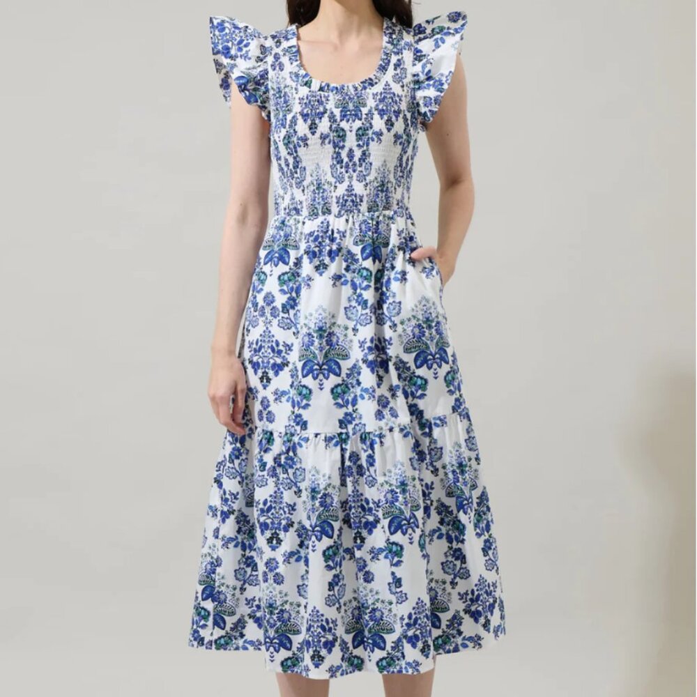 Viara Floral Giza Glare Smock Tiered Midi Dress Lage